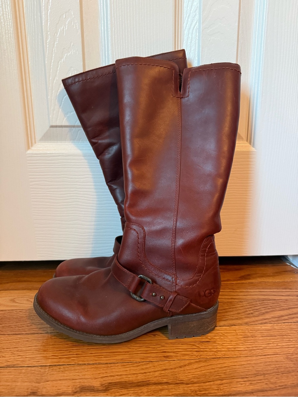 UGG Women's Dahlen bourbon Brown Leather Mid-Calf riding Boots, Sherpa lined
